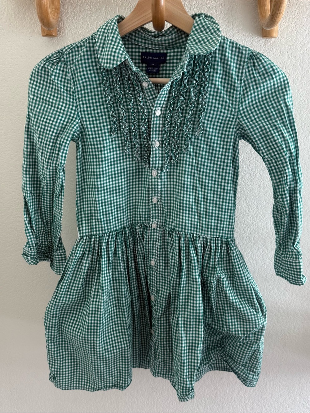 Ralph Lauren Girls preppy Cottagecore Green Gingham Ruffle Bib Shirtdress size 6